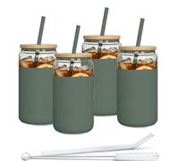 Aquafloow 4x Bicchiere con cannuccia e coperchio 500 ml | Bicchieri con rivestimento in silicone | Set di bicchieri con 2 cannucce e 1 bastoncino per la pulizia | Per tè, frullati, caffè - Verde