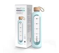 Aquafloow Borraccia motivazionale 1L in vetro borosilicato, senza BPA, Bottiglia con custodia in silicone e misurino motivazionale, caraffa vetro per il lavoro, lo sport e i viaggio- Azurro