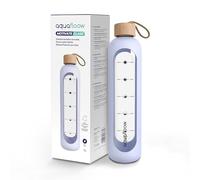 Aquafloow Borraccia motivazionale 1L in vetro borosilicato, senza BPA, Bottiglia con custodia in silicone e misurino motivazionale, caraffa vetro per il lavoro, lo sport e i viaggio- Viola