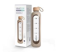 Aquafloow Borraccia motivazionale 1L in vetro borosilicato, senza BPA, Bottiglia con custodia in silicone e misurino motivazionale, caraffa vetro per il lavoro, lo sport e i viaggio- Beige