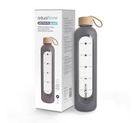 Aquafloow Borraccia motivazionale 1L in vetro borosilicato, senza BPA, Bottiglia con custodia in silicone e misurino motivazionale, caraffa vetro per il lavoro, lo sport e i viaggio- Grigio