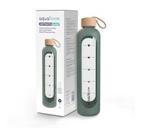 Aquafloow Borraccia motivazionale 1L in vetro borosilicato, senza BPA, Bottiglia con custodia in silicone e misurino motivazionale, caraffa vetro per il lavoro, lo sport e i viaggio- Verde