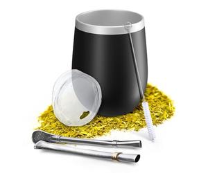 Aquafloow Tazza Yerba Mate 350 ml + 2 Pezzi Cannucce in Acciaio, Mate Argentino a Doppia Parete | Coperchio senza BPA, Set da Tè in Acciaio Inox per Yerba, Mate - Nero