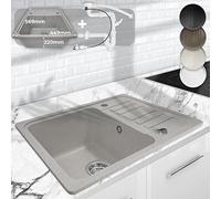 Aquamarin® Lavandino in Granito - Vasca con Gocciolatoio e Kit di Scarico, 57 x 45 cm, Reversibile, Montaggio Sottotop o Sopra Piano, Colore a Scelta - Lavello ad Incasso, Cucina, Scolapiatti