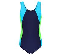 Aquarti Costume Piscina Bambina - Costume Intero Bambina con Racerback, Resistente al Cloro, Blu Scuro/Neon Verde/Azzurro Chiaro, 158