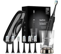 AquaSonic Black Series Pro - Spazzolino elettrico ricaricabile Ultra Whitening 40000 VPM con rivoluzionario vetro di ricarica wireless, 6 testine ProFlex adattive e custodia da viaggio, 4 modalità con