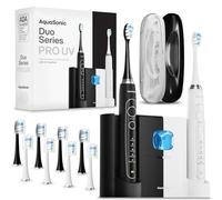 AquaSonic Duo Pro,Spazzolino da denti elettrici con doppio manico ultra sbiancante 40.000 VPM, base di ricarica wireless e igienizzante UV, 10 testine ProFlex e 2 custodie da viaggio