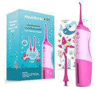 AquaSonic Idropulsore per bambini dai 6 anni in su, ugello standard, ugello ortodontico e adesivi impermeabili | 4 modalità di filo interdentale | Tema avventure acquario (rosa)
