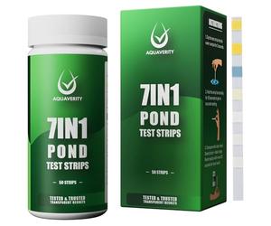 AQUAVERITY Bandelettes de test 7 en 1 pour bassin - Kit de test précis pour le pH, les nitrates, les nitrites, les carbonates, la dureté, le chlore total et libre - Pour bassins - 50 bandelettes