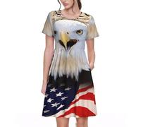 Aquila calva patriottica con stampa bandiera americana versatile abbigliamento quotidiano abiti da donna abito estivo casual con maniche corte girocollo, Nero , 3XL