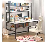 Aquzee Scrivania Bianca con Libreria, Scrivania 140 cm Con Contenitore, Tavolo Bianco Da Con Tre Ripiani, Stile Moderno Tavolo Legno Con Gambe Di Ferro, Adatto Per L'Ufficio Di Casa