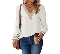 aqxreight Camicetta con Rifiniture in Pizzo Guipure Camicia a Maniche Lunghe Aderente Casual a Blocchi di Colore per Donna Lady Girl Bianca XXL Aggiungi il Tuo Stile e Adotta il Design della (M)