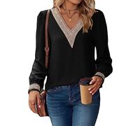 aqxreight Camicetta con Rifiniture in Pizzo Guipure Camicia a Maniche Lunghe Aderente Casual a Blocchi di Colore per Donna Lady Girl Bianca XXL Aggiungi il Tuo Stile e Adotta il Design della (L)