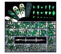 Aqxyedc 1 scatola di 2800 lussuoso kit decorazione di strass for nail art kit 3d in lega glamour unghie diamantato con unghie cristallina mista con 1 penna wanglan(Color:Verde)