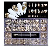 Aqxyedc 1 scatola di 2800 lussuoso kit decorazione di strass for nail art kit 3d in lega glamour unghie diamantato con unghie cristallina mista con 1 penna wanglan(Color:Gold Champagne)
