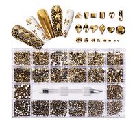 Aqxyedc 1 scatola di 2800 lussuoso kit decorazione di strass for nail art kit 3d in lega glamour unghie diamantato con unghie cristallina mista con 1 penna wanglan(Color:Mine gold)