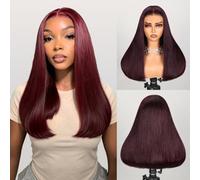 Arabella Parrucche pronte all'uso, senza colla, capelli umani violacei 99J bordeaux con pizzo frontale, densità 230%, capelli umani pre-tagliati pre-pizzicati con nodi sbiancati (45,7 cm, parrucca