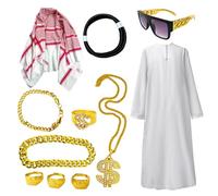 Arabian Costumes - Vestaglia da sceicco, in tessuto bianco tradizionale, stile deserto, caftano lungo con copricapo, abbigliamento autentico per cosplay, eventi di carnevale, serate a tema, Halloween