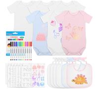 Aragallant 12 Pezzi DIY Bavaglino Body a Manica Corta per Bambini, Bianco DIY Bavaglino per Pittura con 12 Pennarelli Colorati per Tessuti e 14 Stencil, Regali per Bavaglini Neonate Baby Shower