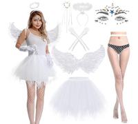 Aragallant 80CM Ali d'Angelo Bianche, Costume da Angelo Donna, Diavolo Costume con Ali di Piume Aureola da Angelo Tutu Bacchetta Magica, Costumi Adulti Donna per Carnevale Halloween Cosplay (White)