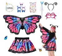 Aragallant Costume Farfalla Bambina, Mantello Ali Farfalla con Gonna Maschera Cerchietto Tatuaggi, Carnevale Costume Bambina, Costume Fata per Festa Cosplay (B, 11PCS)