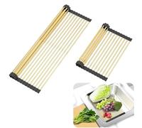 ARAINY Scolapiatti grande espandibile, arrotolabile resistente al calore per lavelli in acciaio inossidabile, pieghevole sopra il lavello, in silicone antiscivolo, color oro, 18 tubi, 33 x 29-54 cm