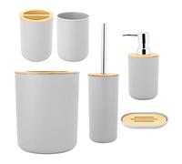 Aramox Set di Accessori per Bagno e Lavandino con Finiture in bambù, Moderno Organizer da Toeletta, Include Portaspazzolino, Dispenser per Sapone e Cestino per la Spazzatura per Uso domestico. (GRAY)