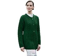 Aran Cardigan Donna 100% Lana Merino Irlandese A Line (Verde, L)
