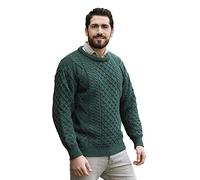 Aran Crafts - Maglione a Girocollo Irlandese, Morbido, Lavorato a Maglia (100% Pura Lana Nuova) - Verde - M