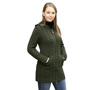 Aran Crafts Women's Irish Cable Knitted Wool Hooded Zip Coat (HD4025-MED-AGRE) Army Green
