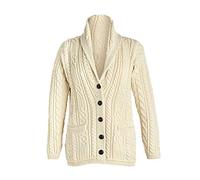 Aran Woollen Mills Maglione Cardigan con Scialle Irlandese Lavorato a Trecce in Lana Merino (Naturale, M)