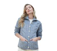 Aran Woollen Mills Maglione Cardigan Irlandese per Donna Made in Ireland Cappotto in Lana Merino Super Morbida Lavorata a trecce (Grigio Oceano, L)