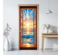 Arancione Blu Sticker Porta 3D Autoadesivo 80 x 210 cm, Vinile Impermeabile Rimovibile, Decalcomania Murale Spiaggia Fuori Dalla Finestra Naturale Adesivo Decorativo per Bagno Arredamento Casa