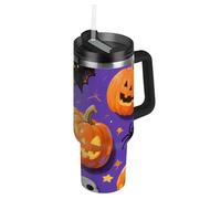 Arancione Halloween zucca vuoto bocca larga bottiglia d'acqua con manico coperchio a prova di perdite e cannuccia tazza da viaggio decorativa con manico per scuola, sport, asilo nido, campeggio e