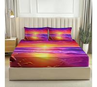 Arancione Viola Lenzuolo Con Angoli 140 x 190 cm Paesaggio Mare Tramonto Stelle Marine, Resistente Allo Scolorimento E Alle Pieghe Microfibra Di Spazzolato - Lenzuolo Sotto Con Angoli Elasticizzato