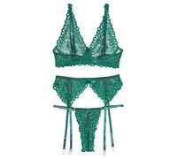Aranmei Completo Intimo Sexy da Donna con Reggicalze Reggiseno in Pizzo con Scollo a V Profondo e Mutandine Set Intimo con Giarrettiera (Senza Calze), Verde, L