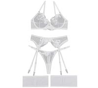 Aranmei Set di Lingerie da Donna 4 Pezzi con Reggiseno con Ferretto in Pizzo Ricamato Floreale con Perizoma Fasce per Cosce e Reggicalze, Bianco, S