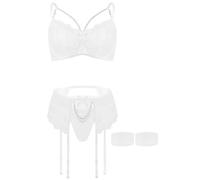 Aranmei Set di lingerie da donna con polsini alla coscia, biancheria intima sexy, set di biancheria intima da donna, set di 4 pezzi con reggicalze, bianco, XL