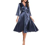 Aranmei Vestaglia Donna Kimono Raso Accappatoio Abito Lungo Matrimonio Sposa/Damigella D'onore Camicia da Notte Rifiniture in Pizzo Primavera/Autunno Abito da Mattina, Blu, S