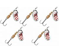 Arapaima Beitia Evia Dotty - Confezione da 5 cucchiaini da pesca girevoli, modello 11 n. 3, 7 g, colore argento con punti rossi, trota, persico e luccio, amo triplo con rebba