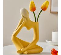 Arawat Denker Vaso Scultura Faccia Deko in Ceramica, per Soggiorno, Moderno Corpo Vasi per Erba Pampa Estetico Libro Fiore Tulipano Deco Giallo, 19 cm