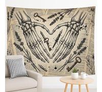 Arazzo a forma di cuore con scheletro, da appendere alla parete, con chiavi e elementi floreali, decorazione estetica gotica per soggiorno, camera da letto, 228 x 178 cm