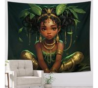 Arazzo afroamericano carino ragazza nera giungla tropicale mistero medievale verde poliestere stampe d'arte sfondo per camera da letto soggiorno college dormitorio soffitto arazzo 152,4 x 101,6 cm