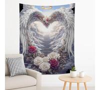 Arazzo bianco con cuore angelico, da appendere alla parete, decorativo floreale, estetico per camera da letto, soggiorno, spazio per meditazione, 152 x 203 cm