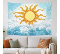 Arazzo blu con sole e nuvole, fantasioso arazzo decorativo da parete, arazzo estetico per camera da letto, soggiorno, dormitorio, 203 x 152 cm