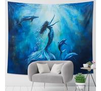Arazzo blu oceano con sirena e delfini, scena mistica subacquea da appendere alla parete, decorazione estetica per camera da letto, soggiorno, casa sulla spiaggia, pezzo d'arte per il relax, 152 x 203