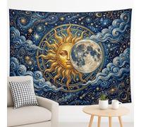 Arazzo blu sole e luna, stelle celesti da appendere alla parete, decorazione mistica bohémien per camera da letto, soggiorno, spazio per meditazione, 228 x 178 cm