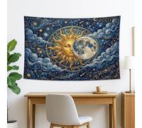 Arazzo blu sole e luna, stelle celesti da appendere alla parete, decorazione mistica bohémien per camera da letto, soggiorno, spazio per meditazione, 152 x 101 cm