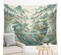 Arazzo blu verde con laghetto di carpe, libellule e ninfee bohémien, decorativo da parete, tranquillo arazzo estetico per soggiorno, camera da letto, decorazione per la casa, 228 x 178 cm