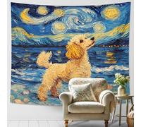 Arazzo con cane barboncino dorato, notte stellata oceano da appendere alla parete, estetica decorativa per soggiorno, camera da letto, stile bohémien, regalo per gli amanti degli animali, 203 x 152 cm